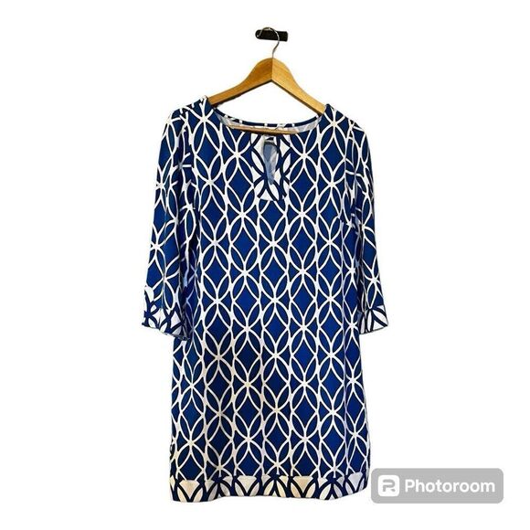 Crown & Ivy Women’s Size Small Shift Dress Royal Blue Geometric Print 3/4 Sleeve - Picture 1 of 7